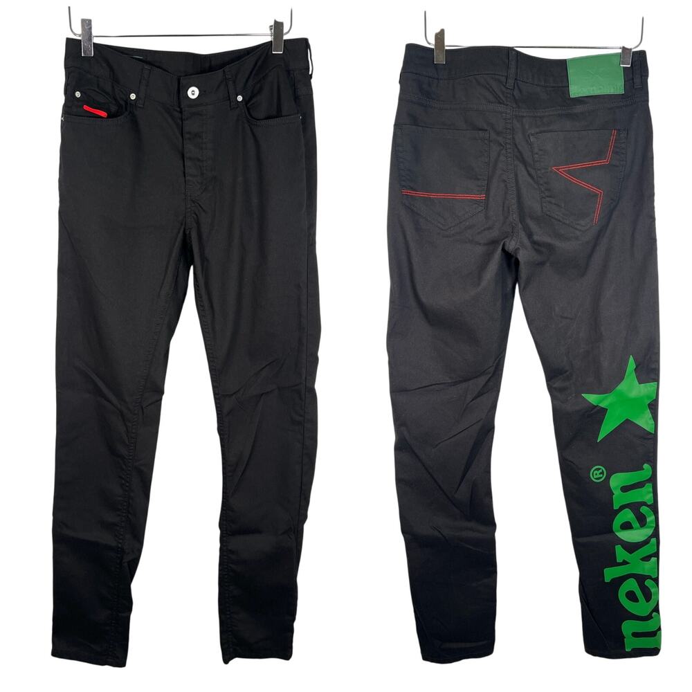 Heineken Men's High Rise Slim Fit Pants S Black Button Fly Stretch